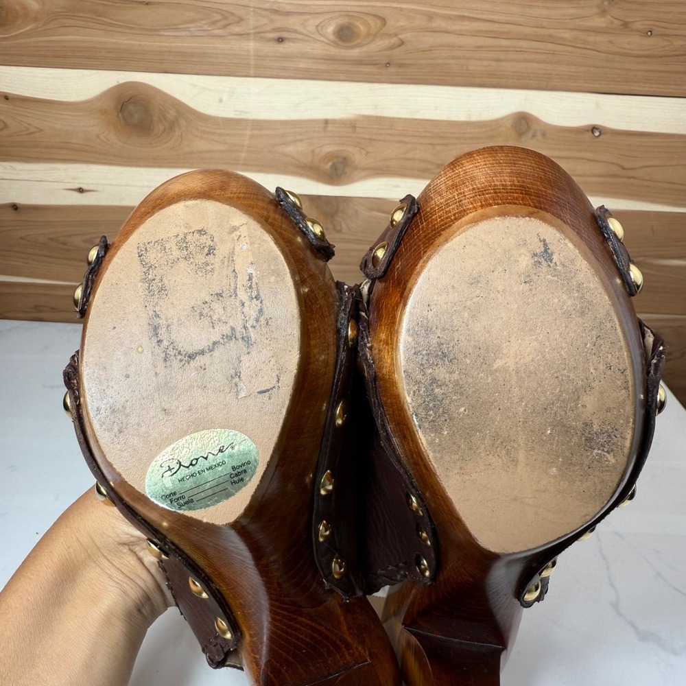 Dione Chuncky Wooden Heel Platform Sandals Leather Straps Brown Size 7.5 - Picture 8 of 13